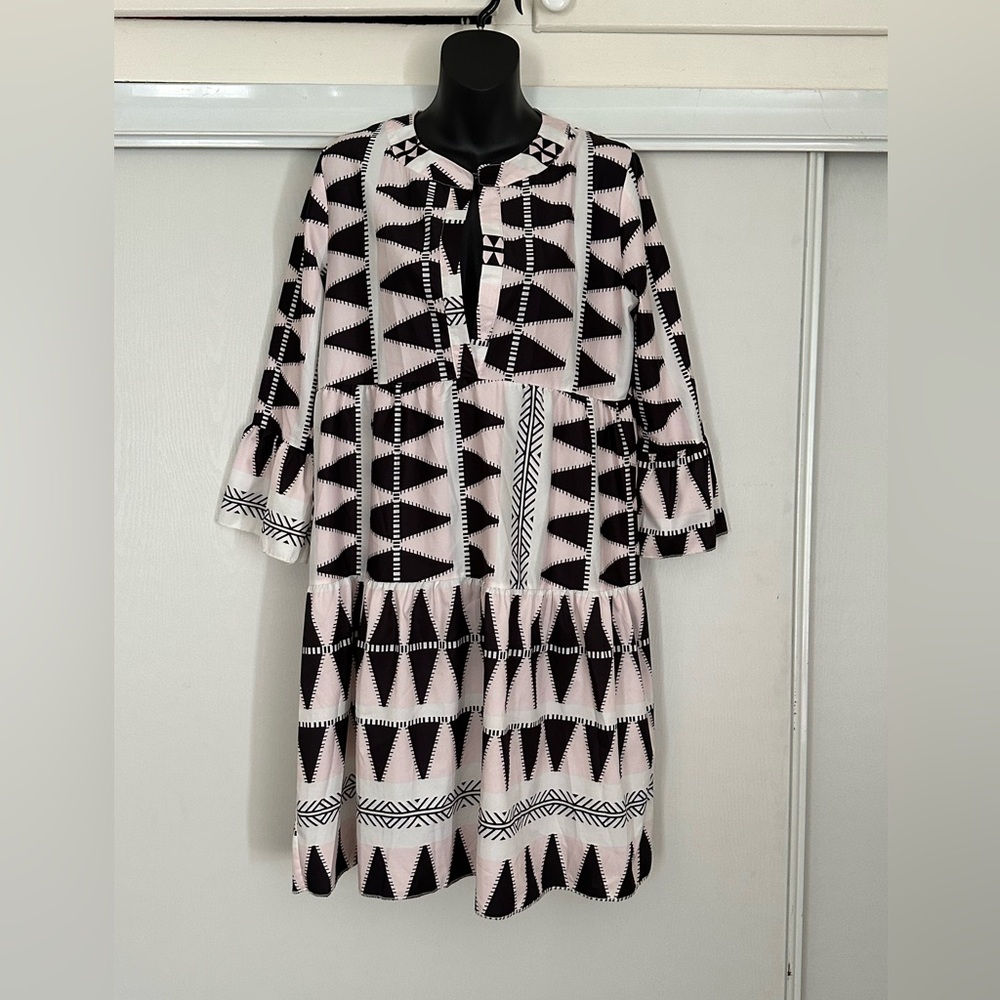 Long Sleeve Lightweight Dress, Size Medium, Pink Black and White